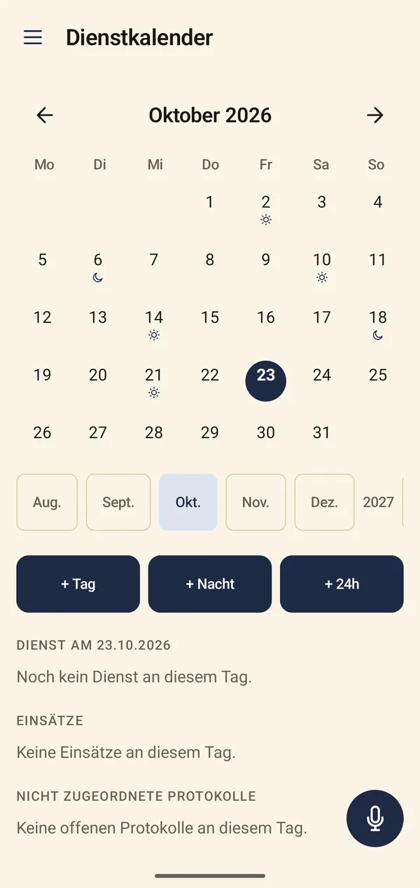 Dienstkalender im Oktober mit markierten Diensten und Schnellknöpfen für Tag, Nacht und 24 Stunden