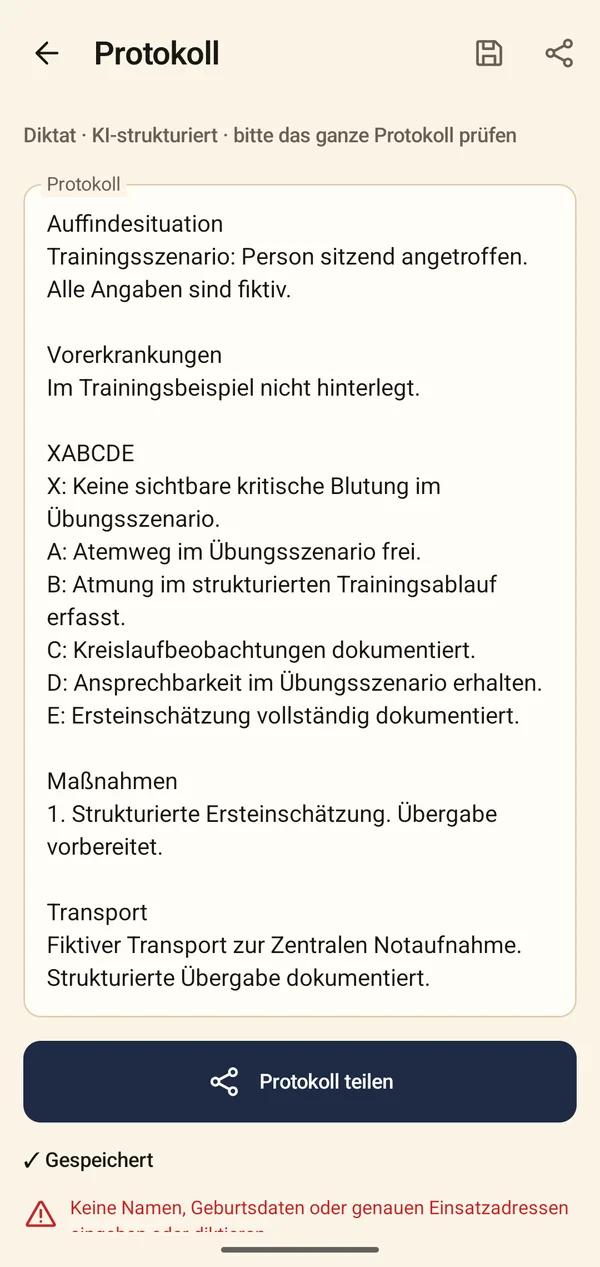 Fertiges Protokoll eines fiktiven Trainingsszenarios mit Auffindesituation, XABCDE, Maßnahmen und Transport
